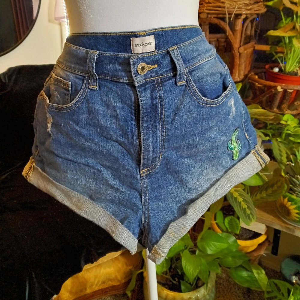 Distressed denim shorts with cute cactus patch